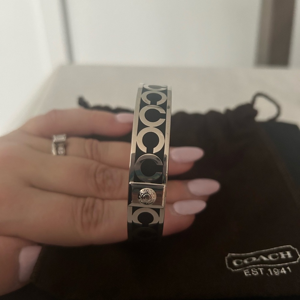 COACH C Logo Black Enamel Silver Tone Solid Bangle Bracelet